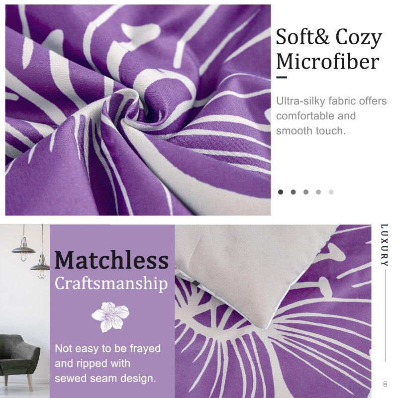 Menghomeus Queen Comforter Set Purple Floral Pattern Printed on Grey  Soft Microfiber Bedding Set Lightweight Bed Comforter Set for All Season (1 Comforter  2 Pillowcases) - Image 4